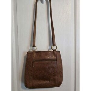 Relativity Brown Embossed Floral Shoulder Bag with Gold Hardware